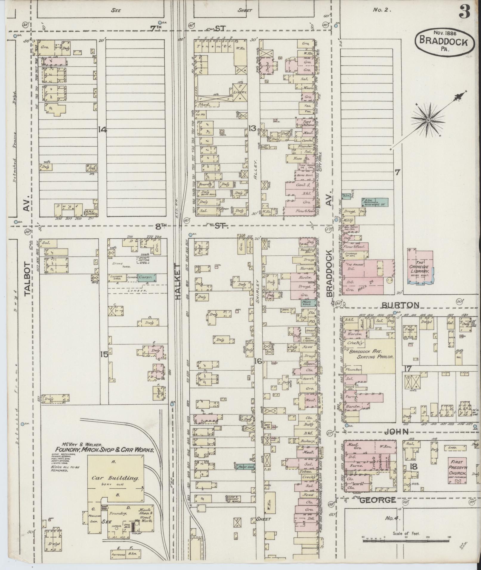 Sanborn Fire Insurance Map from Braddock, Allegheny County, Pennsylvania (1886), Sheet #0003 - Historic Sanborn Fire Insurance Map Print, vintage old map wall art, antique decor, genealogy gift, Pennsylvania Pennsylvania map