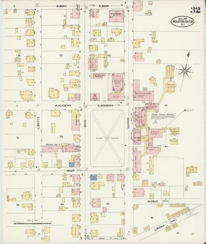 Sanborn Fire Insurance Map from Winston-Salem, Forsyth County, North Carolina (1907), Sheet #0032 - Historic Sanborn Fire Insurance Map Print, vintage old map wall art, antique decor, genealogy gift, North Carolina North Carolina map