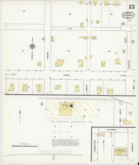 Sanborn Fire Insurance Map from Vernon, Wilbarger County, Texas (1912), Sheet #0013 - Historic Sanborn Fire Insurance Map Print, vintage old map wall art, antique decor, genealogy gift, Texas Texas map