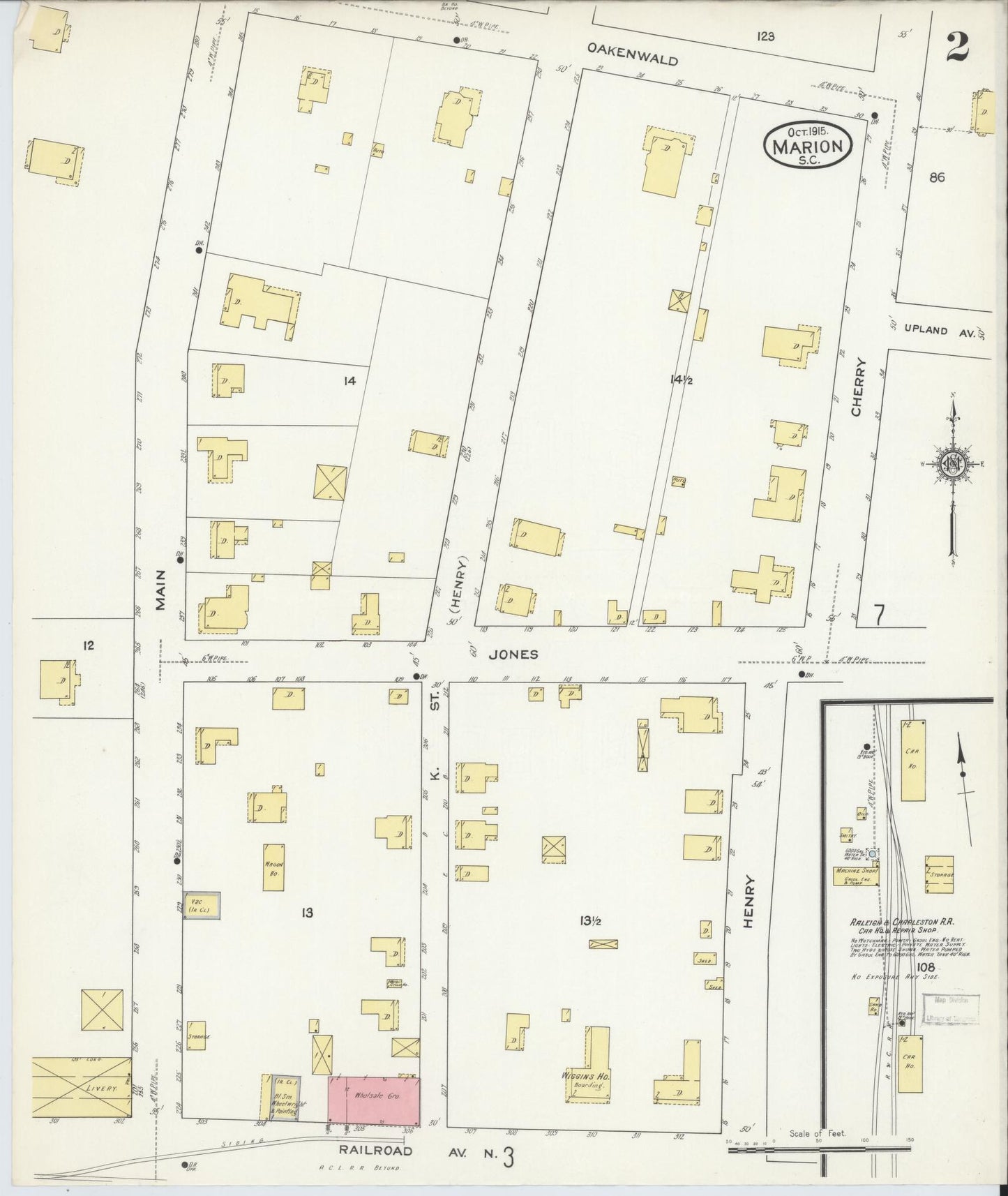Sanborn Fire Insurance Map from Marion, Marion County, South Carolina (1915), Sheet #0002 - Complete Map Set gallery image, historic Sanborn map, vintage wall art, South Carolina South Carolina