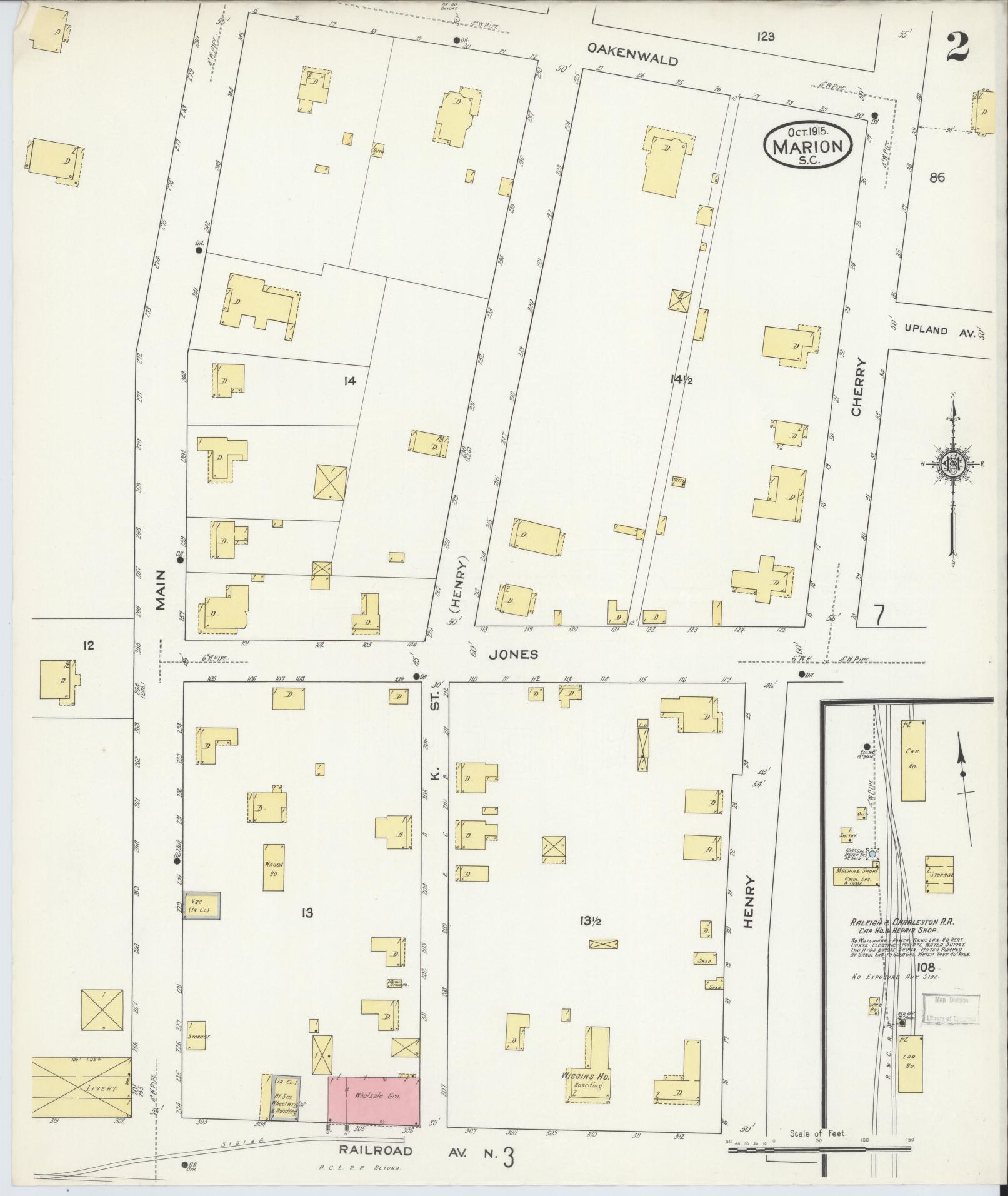 Sanborn Fire Insurance Map from Marion, Marion County, South Carolina (1915), Sheet #0002 - Complete Map Set gallery image, historic Sanborn map, vintage wall art, South Carolina South Carolina