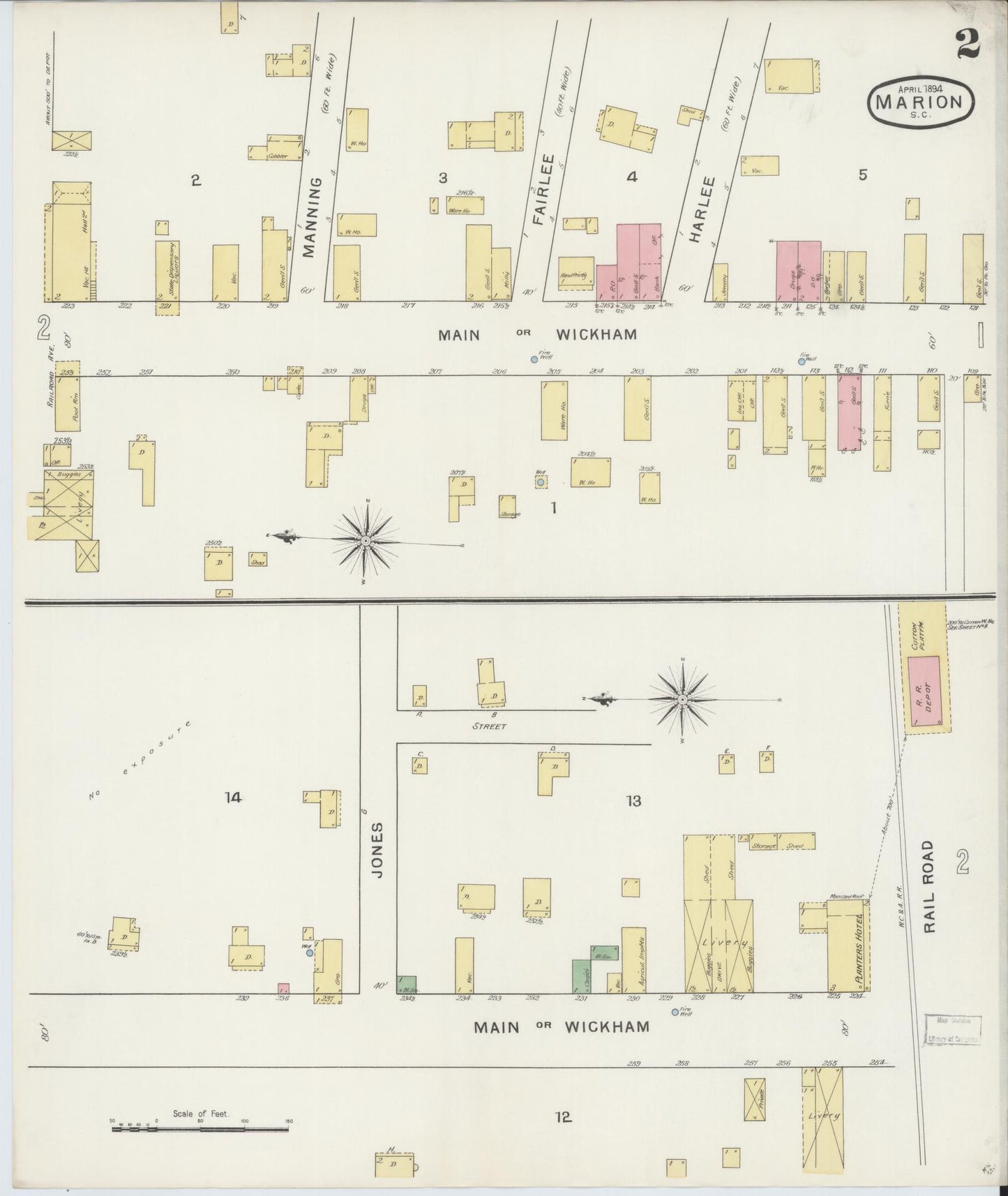 Sanborn Fire Insurance Map from Marion, Marion County, South Carolina (1894), Sheet #0002 - Complete Map Set gallery image, historic Sanborn map, vintage wall art, South Carolina South Carolina