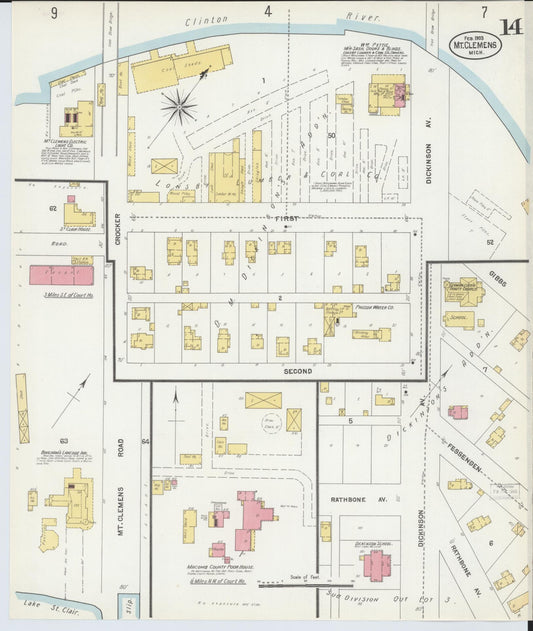 Sanborn Fire Insurance Map from Mount Clemens, Macomb County, Michigan (1903), Sheet #0014 - Historic Sanborn Fire Insurance Map Print, vintage old map wall art, antique decor, genealogy gift, Michigan Michigan map