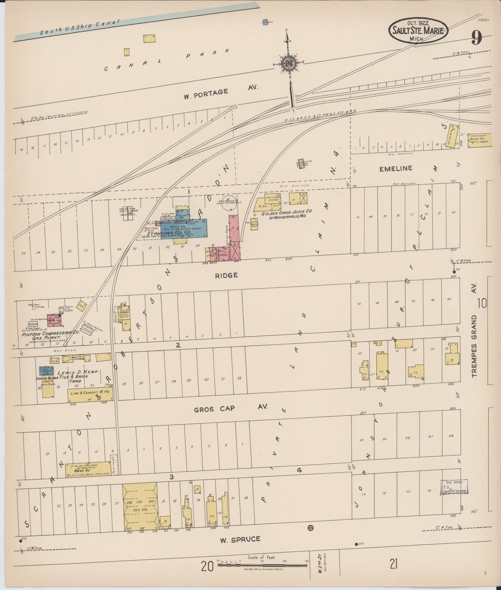 Sanborn Fire Insurance Map from Sault Sainte Marie, Chippewa County, Michigan (1922), Sheet #0009 - Historic Sanborn Fire Insurance Map Print, vintage old map wall art, antique decor, genealogy gift, Michigan Michigan map