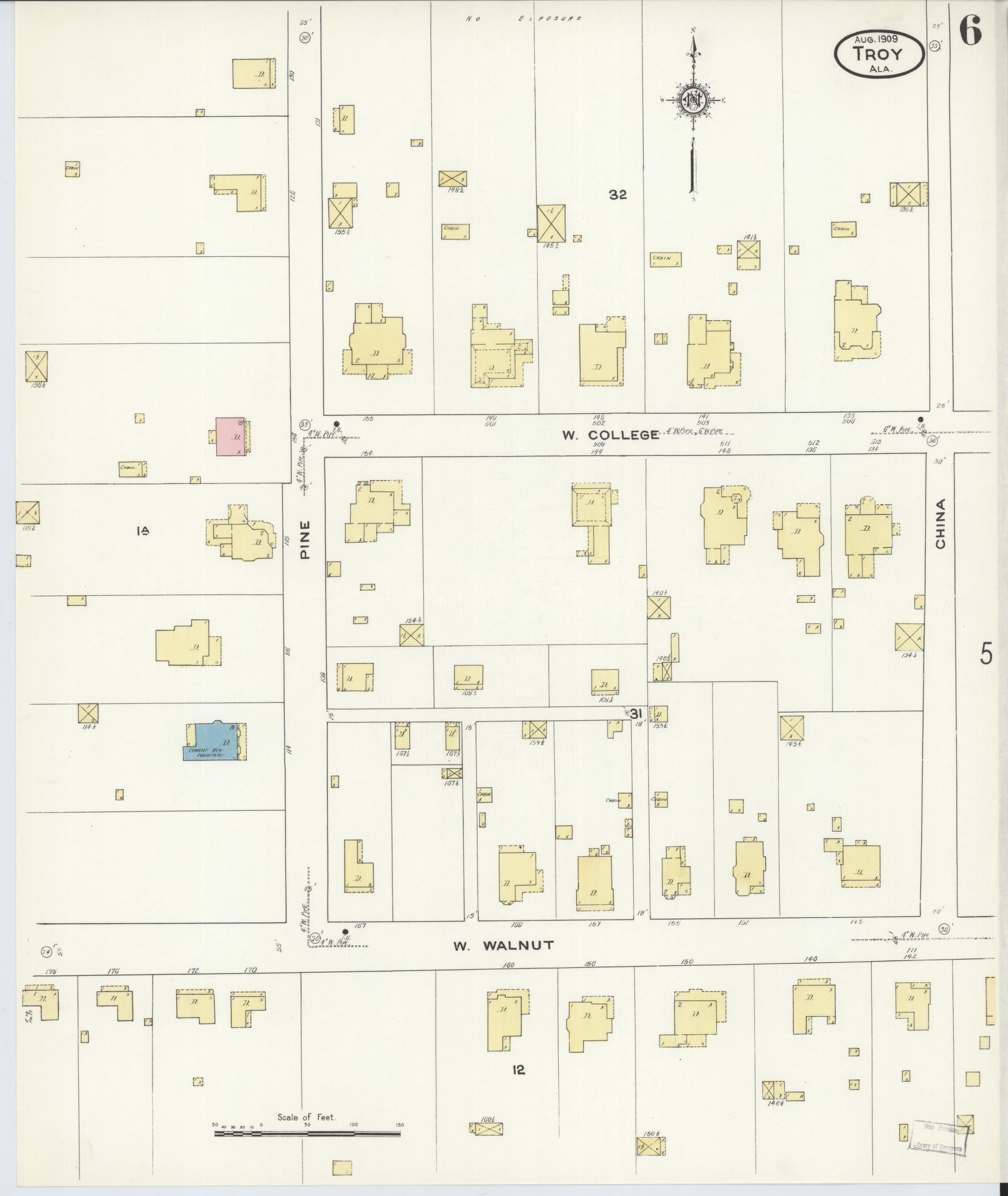 Sanborn Fire Insurance Map from Troy, Pike County, Alabama (1909), Sheet #0006 - Historic Sanborn Fire Insurance Map Print, vintage old map wall art, antique decor, genealogy gift, Alabama Alabama map