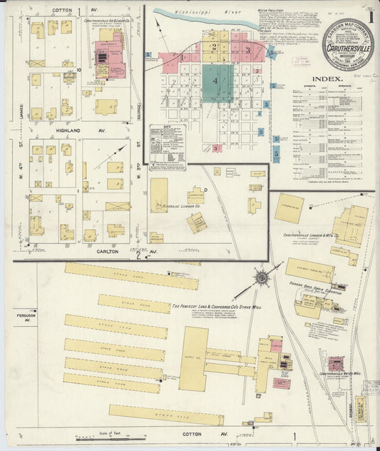Sanborn Fire Insurance Map from Caruthersville, Pemiscot County, Missouri (1911), Sheet #0001 - Complete Map Set gallery image, historic Sanborn map, vintage wall art, Missouri Missouri