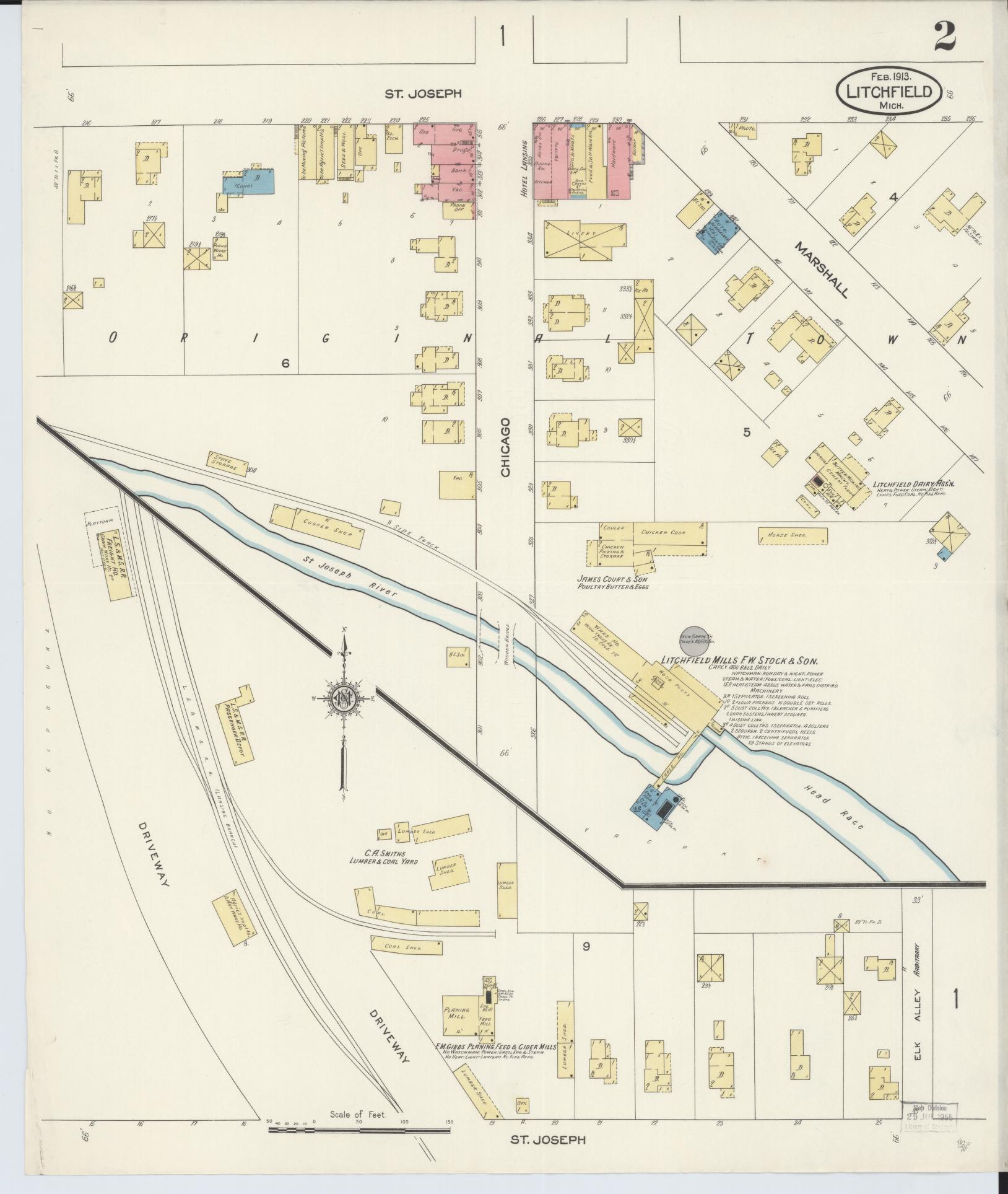 Sanborn Fire Insurance Map from Litchfield, Hillsdale County, Michigan (1913), Sheet #0002 - Complete Map Set gallery image, historic Sanborn map, vintage wall art, Michigan Michigan