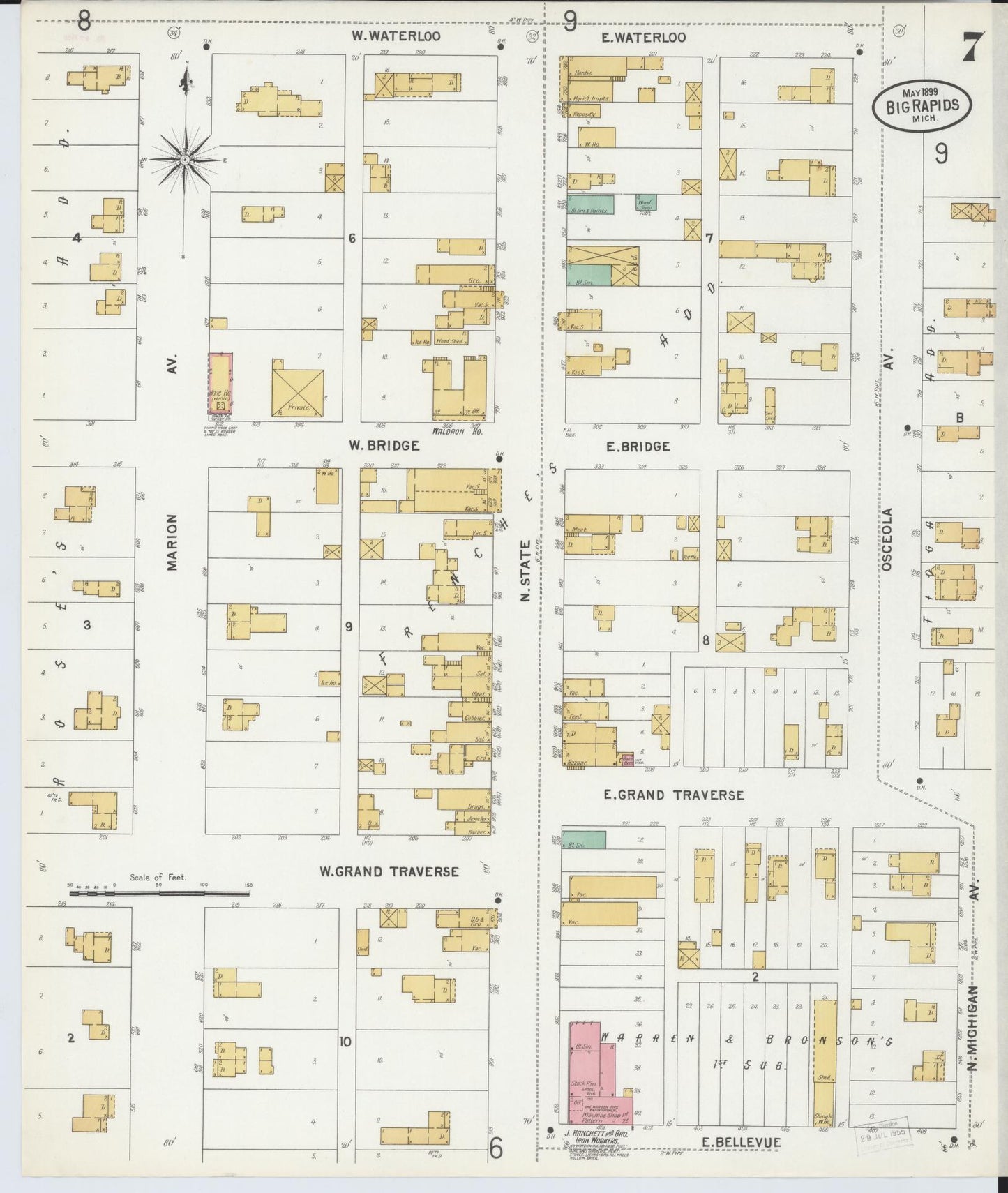 Sanborn Fire Insurance Map from Big Rapids, Mecosta County, Michigan (1899), Sheet #0007 - Historic Sanborn Fire Insurance Map Print, vintage old map wall art, antique decor, genealogy gift, Michigan Michigan map