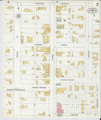 Sanborn Fire Insurance Map from Big Rapids, Mecosta County, Michigan (1899), Sheet #0007 - Historic Sanborn Fire Insurance Map Print, vintage old map wall art, antique decor, genealogy gift, Michigan Michigan map