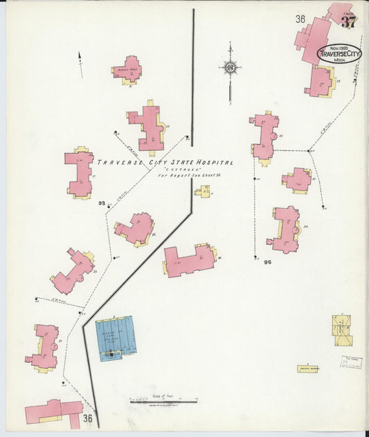 Sanborn Fire Insurance Map from Traverse City, Grand Traverse County, Michigan (1920), Sheet #0037 - Historic Sanborn Fire Insurance Map Print, vintage old map wall art, antique decor, genealogy gift, Michigan Michigan map
