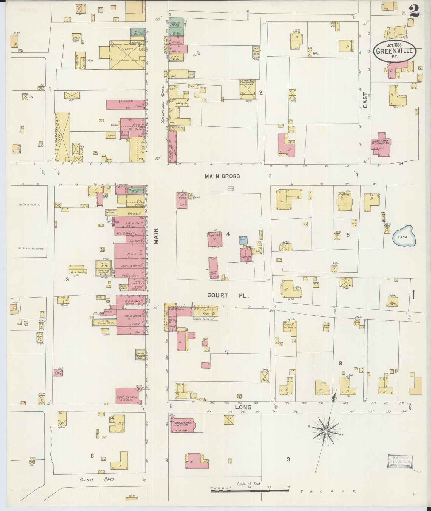 Sanborn Fire Insurance Map from Greenville, Muhlenberg County, Kentucky (1898), Sheet #0002 - Complete Map Set gallery image, historic Sanborn map, vintage wall art, Kentucky Kentucky