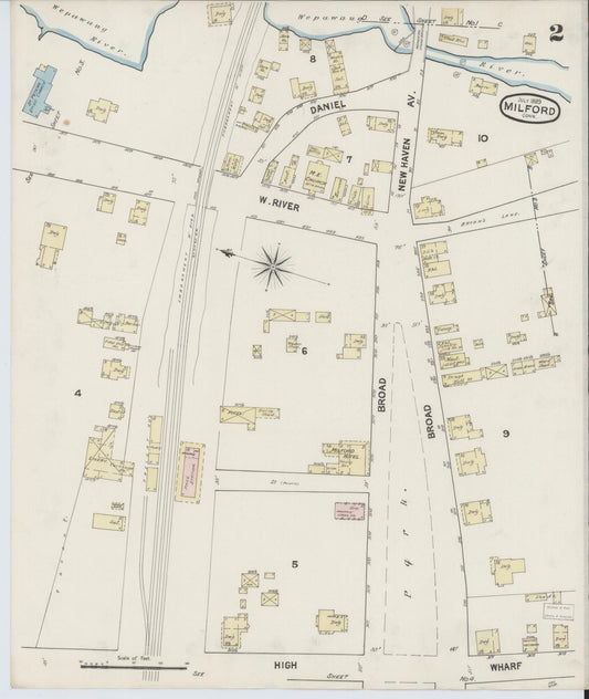 Sanborn Fire Insurance Map from Milford, New Haven County, Connecticut (1889), Sheet #0002 - Historic Sanborn Fire Insurance Map Print, vintage old map wall art, antique decor, genealogy gift, Connecticut Connecticut map