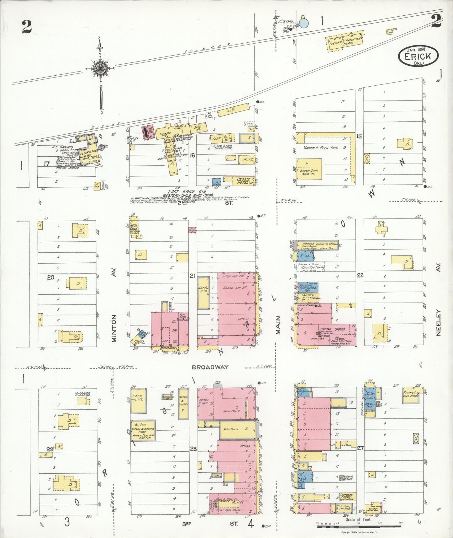 Sanborn Fire Insurance Map from Erick, Beckham County, Oklahoma (1924), Sheet #0002 - Complete Map Set gallery image, historic Sanborn map, vintage wall art, Oklahoma Oklahoma