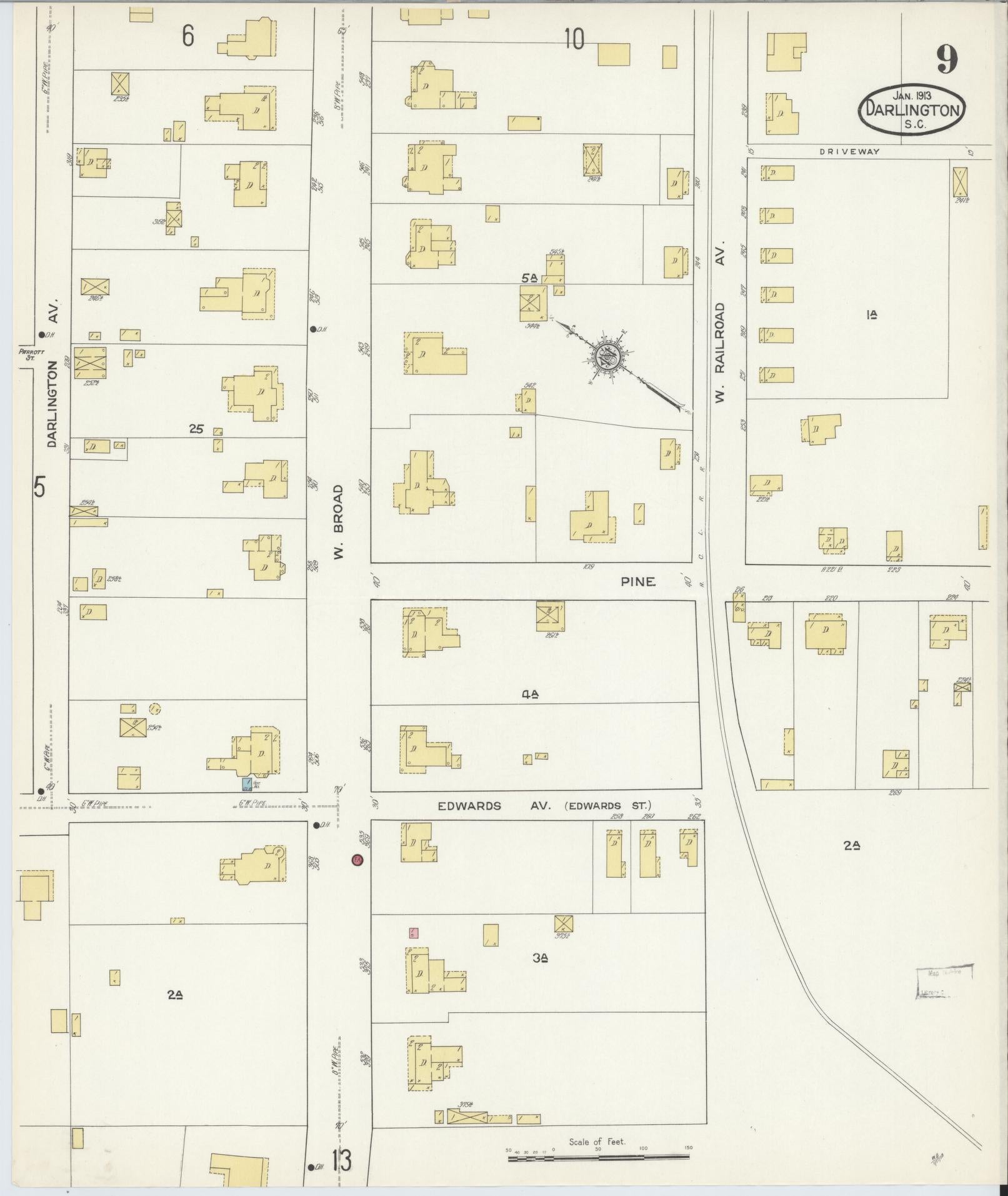 Sanborn Fire Insurance Map from Darlington, Darlington County, South Carolina (1913), Sheet #0009 - Complete Map Set gallery image, historic Sanborn map, vintage wall art, South Carolina South Carolina