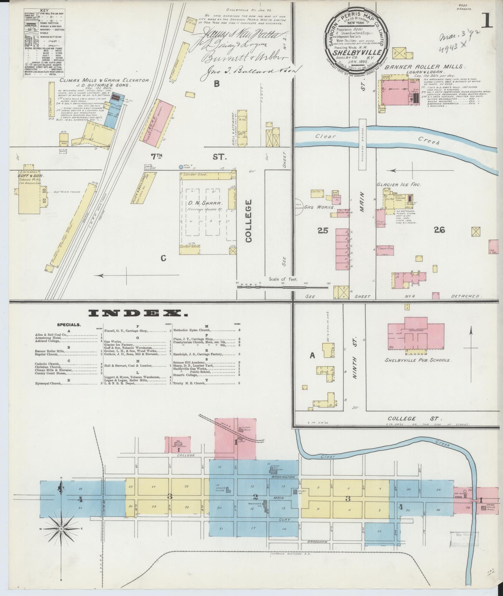 Sanborn Fire Insurance Map from Shelbyville, Shelby County, Kentucky (1892), Sheet #0001 - Historic Sanborn Fire Insurance Map Print, vintage old map wall art, antique decor, genealogy gift, Kentucky Kentucky map