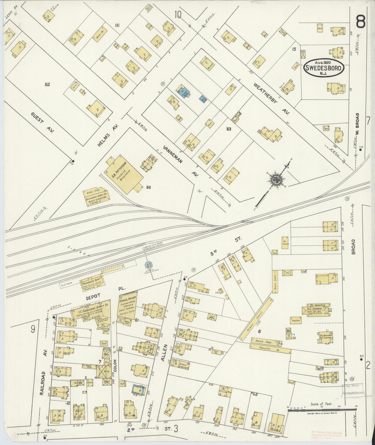 Sanborn Fire Insurance Map from Swedesboro, Gloucester County, New Jersey (1920), Sheet #0008 - Historic Sanborn Fire Insurance Map Print, vintage old map wall art, antique decor, genealogy gift, New Jersey New Jersey map