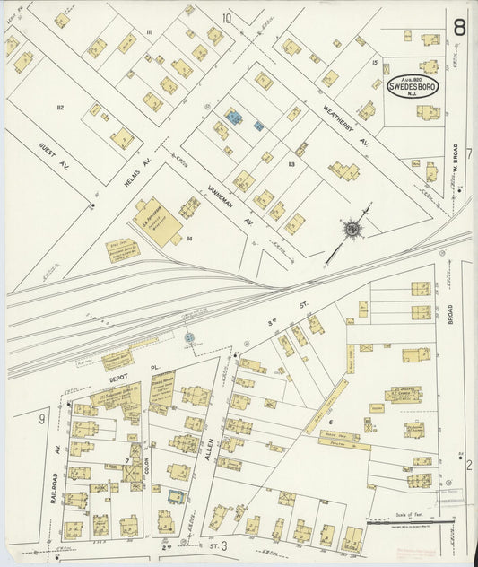 Sanborn Fire Insurance Map from Swedesboro, Gloucester County, New Jersey (1920), Sheet #0008 - Historic Sanborn Fire Insurance Map Print, vintage old map wall art, antique decor, genealogy gift, New Jersey New Jersey map