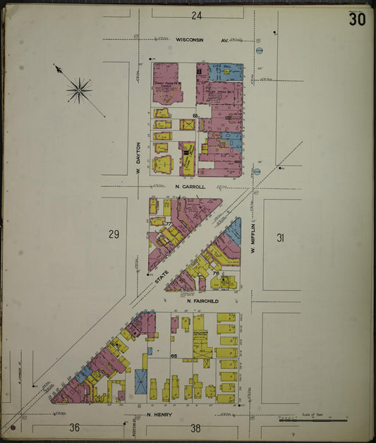 Sanborn Fire Insurance Map from Madison, Dane County, Wisconsin (1908), Sheet #0030 - Historic Sanborn Fire Insurance Map Print, vintage old map wall art, antique decor, genealogy gift, Wisconsin Wisconsin map