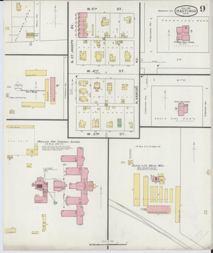 Sanborn Fire Insurance Map from Hastings, Adams County, Nebraska (1894), Sheet #0009 - Complete Map Set gallery image, historic Sanborn map, vintage wall art, Nebraska Nebraska
