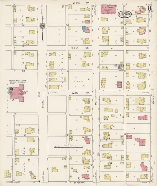 Sanborn Fire Insurance Map from Ligonier, Noble County, Indiana (1922), Sheet #0008 - Historic Sanborn Fire Insurance Map Print, vintage old map wall art, antique decor, genealogy gift, Indiana Indiana map