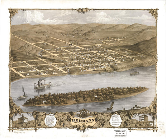 Bird's eye view of the city of Hermann, Gasconade Co., Missouri 1869. (1869) – Historic Bird’s-Eye View Panorama Print