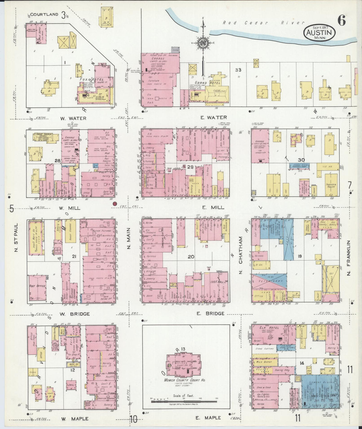 Sanborn Fire Insurance Map from Austin, Mower County, Minnesota (1917), Sheet #0006 - Historic Sanborn Fire Insurance Map Print, vintage old map wall art, antique decor, genealogy gift, Minnesota Minnesota map