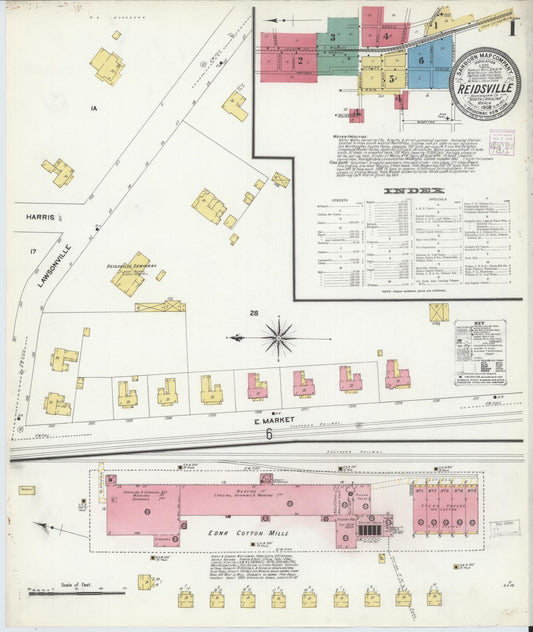 Sanborn Fire Insurance Map from Reidsville, Rockingham County, North Carolina (1908), Sheet #0001 - Historic Sanborn Fire Insurance Map Print, vintage old map wall art, antique decor, genealogy gift, North Carolina North Carolina map