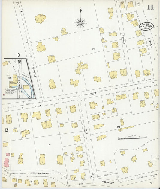 Sanborn Fire Insurance Map from Bristol, Hartford County, Connecticut (1905), Sheet #0011 - Historic Sanborn Fire Insurance Map Print, vintage old map wall art, antique decor, genealogy gift, Connecticut Connecticut map