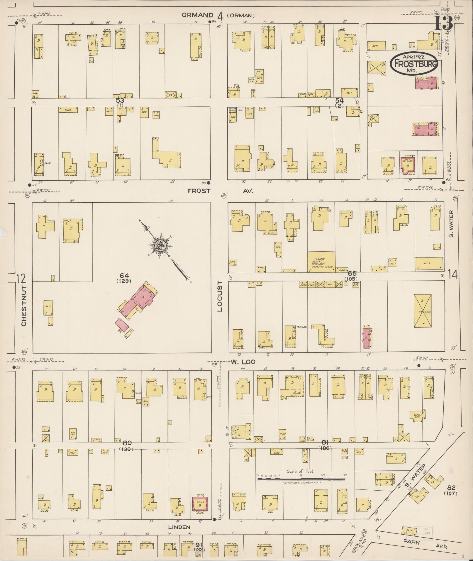 Sanborn Fire Insurance Map from Frostburg, Allegany County, Maryland (1922), Sheet #0013 - Historic Sanborn Fire Insurance Map Print, vintage old map wall art