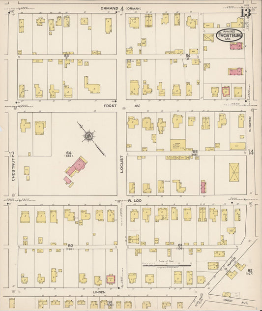 Sanborn Fire Insurance Map from Frostburg, Allegany County, Maryland (1922), Sheet #0013 - Historic Sanborn Fire Insurance Map Print, vintage old map wall art