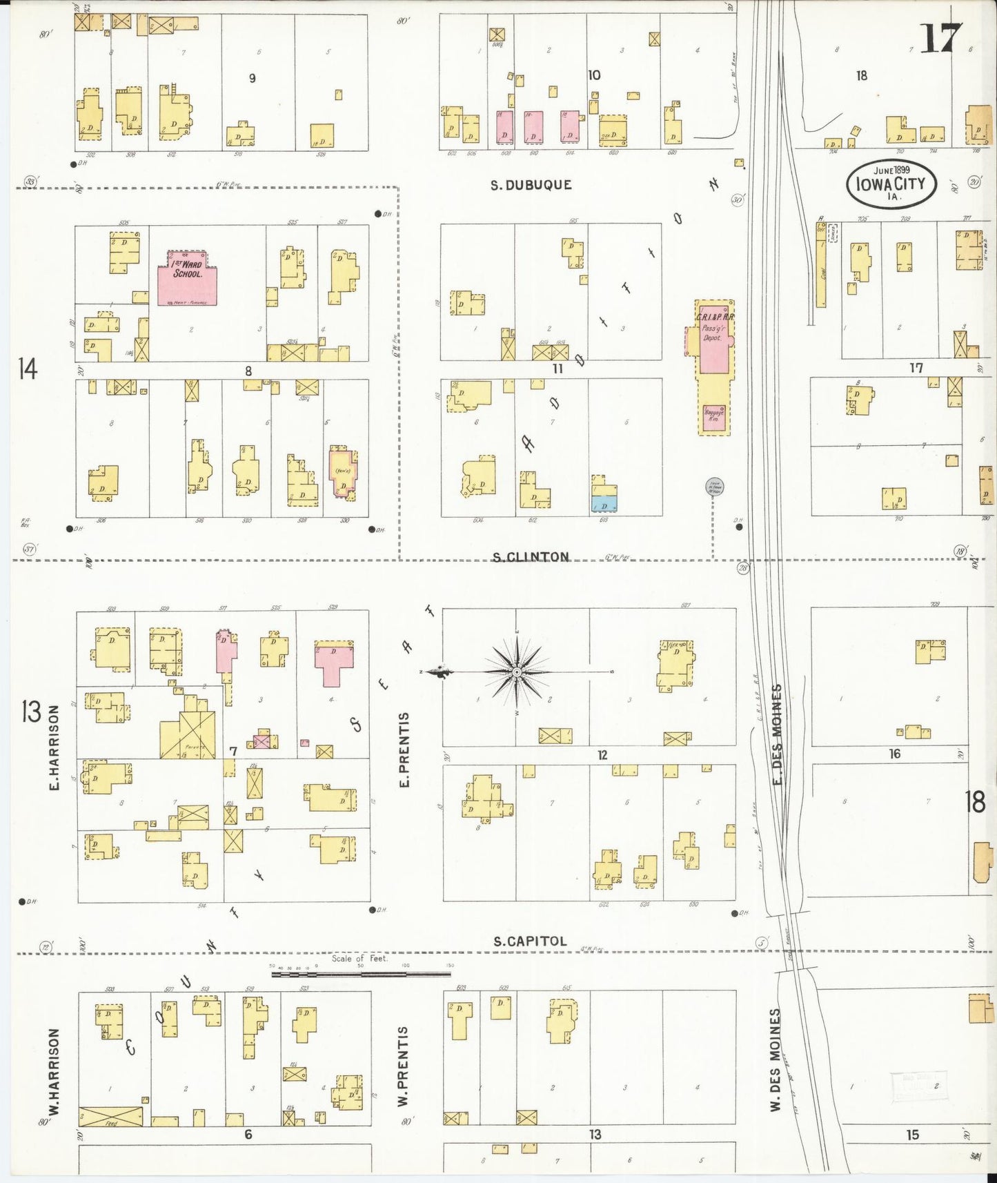 Sanborn Fire Insurance Map from Iowa City, Johnson County, Iowa (1899), Sheet #0017 - Historic Sanborn Fire Insurance Map Print, vintage old map wall art