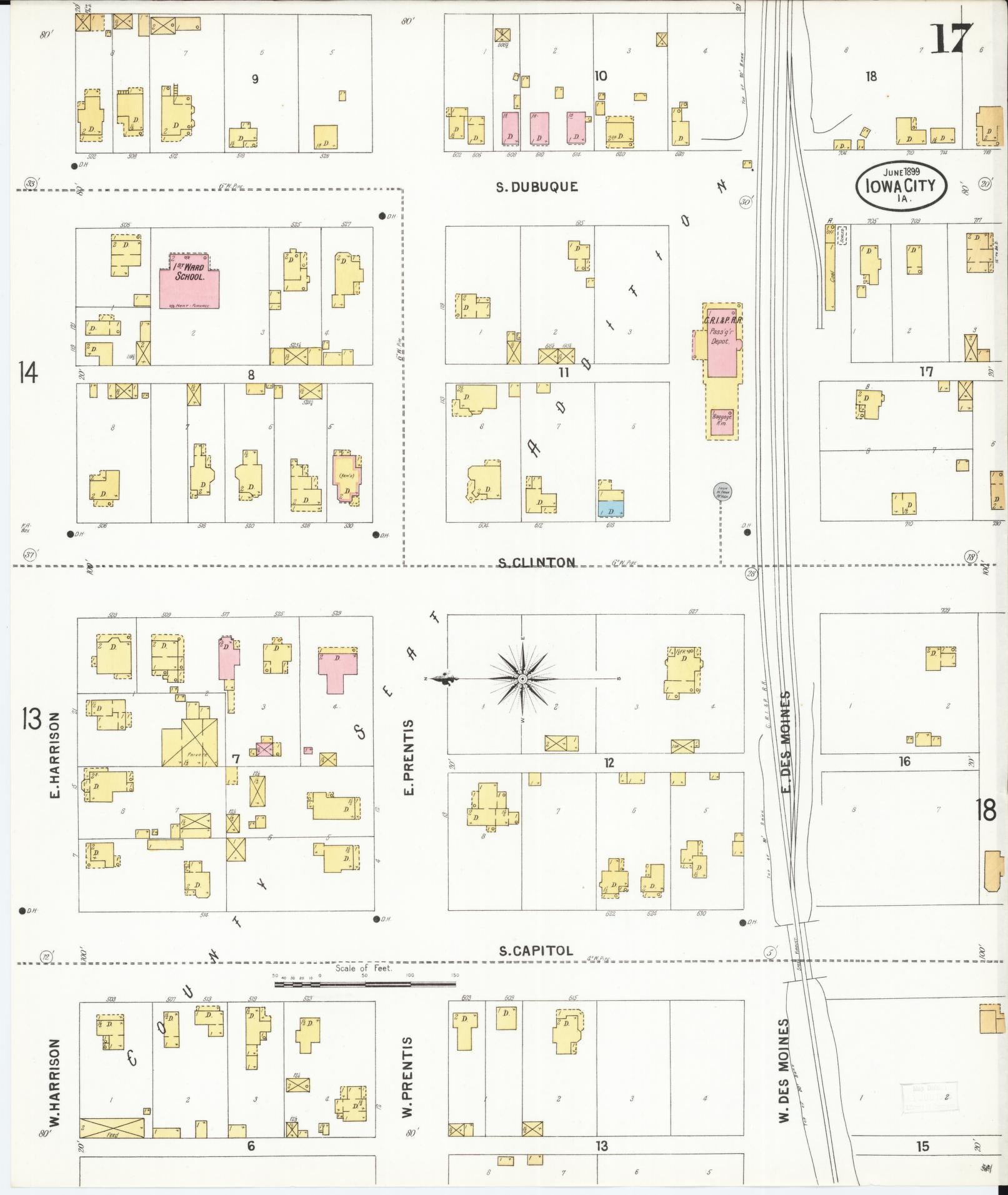 Sanborn Fire Insurance Map from Iowa City, Johnson County, Iowa (1899), Sheet #0017 - Historic Sanborn Fire Insurance Map Print, vintage old map wall art
