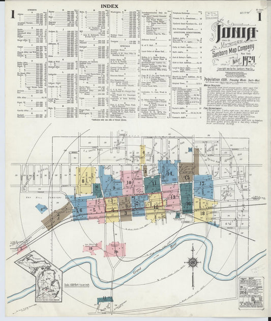 Sanborn Fire Insurance Map from Ionia, Ionia County, Michigan (1924), Sheet #0001 - Historic Sanborn Fire Insurance Map Print, vintage old map wall art, antique decor, genealogy gift, Michigan Michigan map