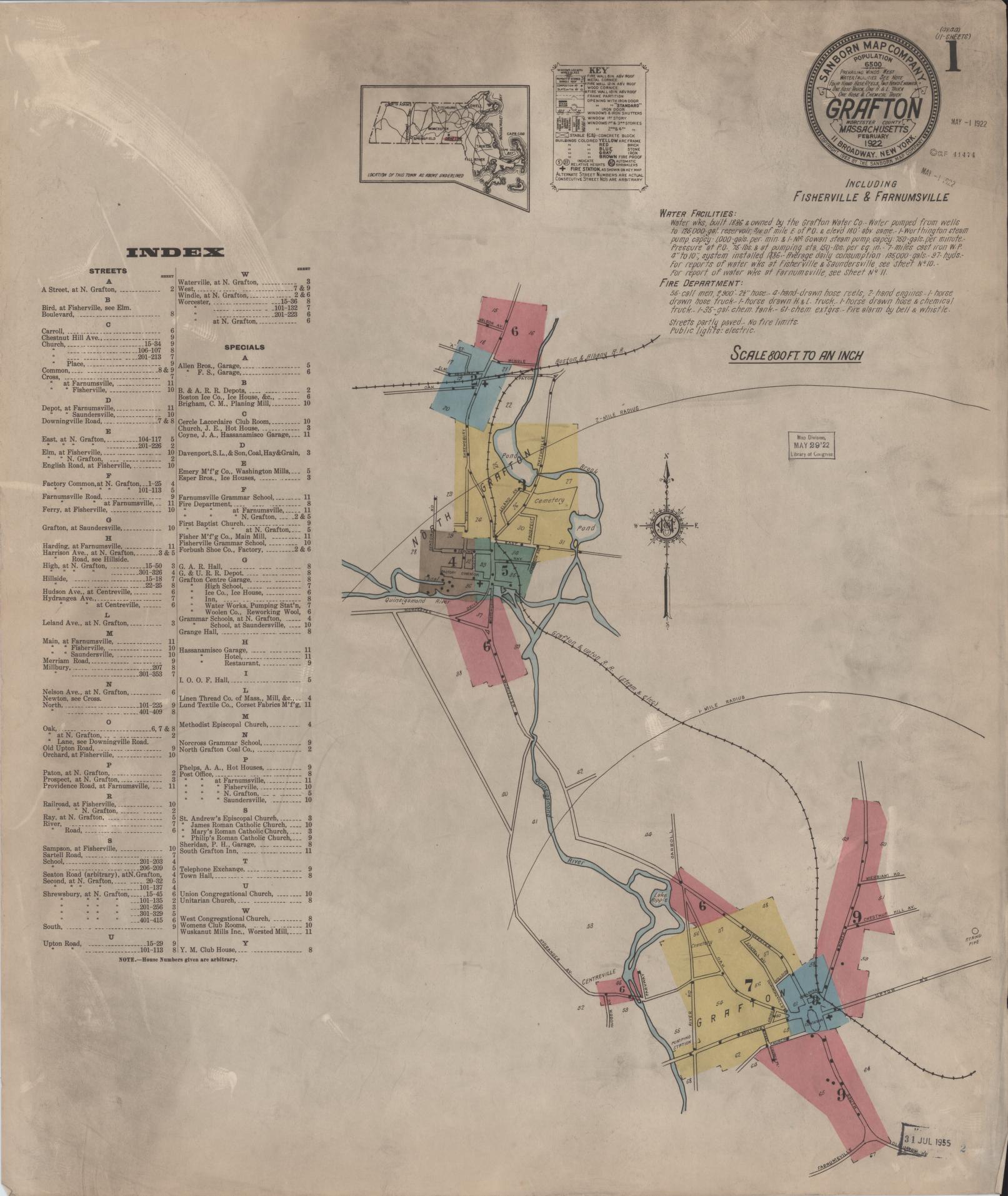 Sanborn Fire Insurance Map from Grafton, Worcester County, Massachusetts (1922), Sheet #0001 - Historic Sanborn Fire Insurance Map Print, vintage old map wall art, antique decor, genealogy gift, Massachusetts Massachusetts map