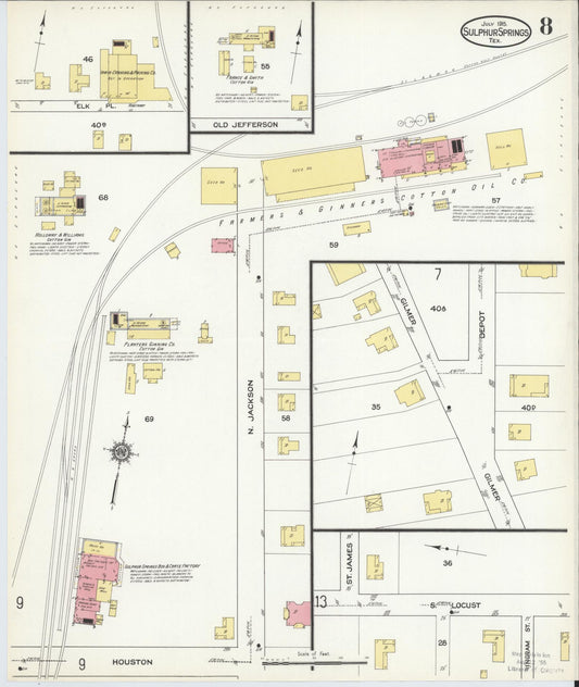 Sanborn Fire Insurance Map from Sulphur Springs, Hopkins County, Texas (1915), Sheet #0008 - Historic Sanborn Fire Insurance Map Print, vintage old map wall art, antique decor, genealogy gift, Texas Texas map