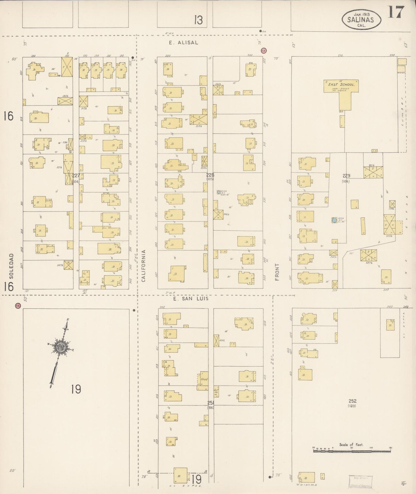 Sanborn Fire Insurance Map from Salinas, Monterey County, California (1913), Sheet #0017 - Complete Map Set gallery image, historic Sanborn map, vintage wall art, California California