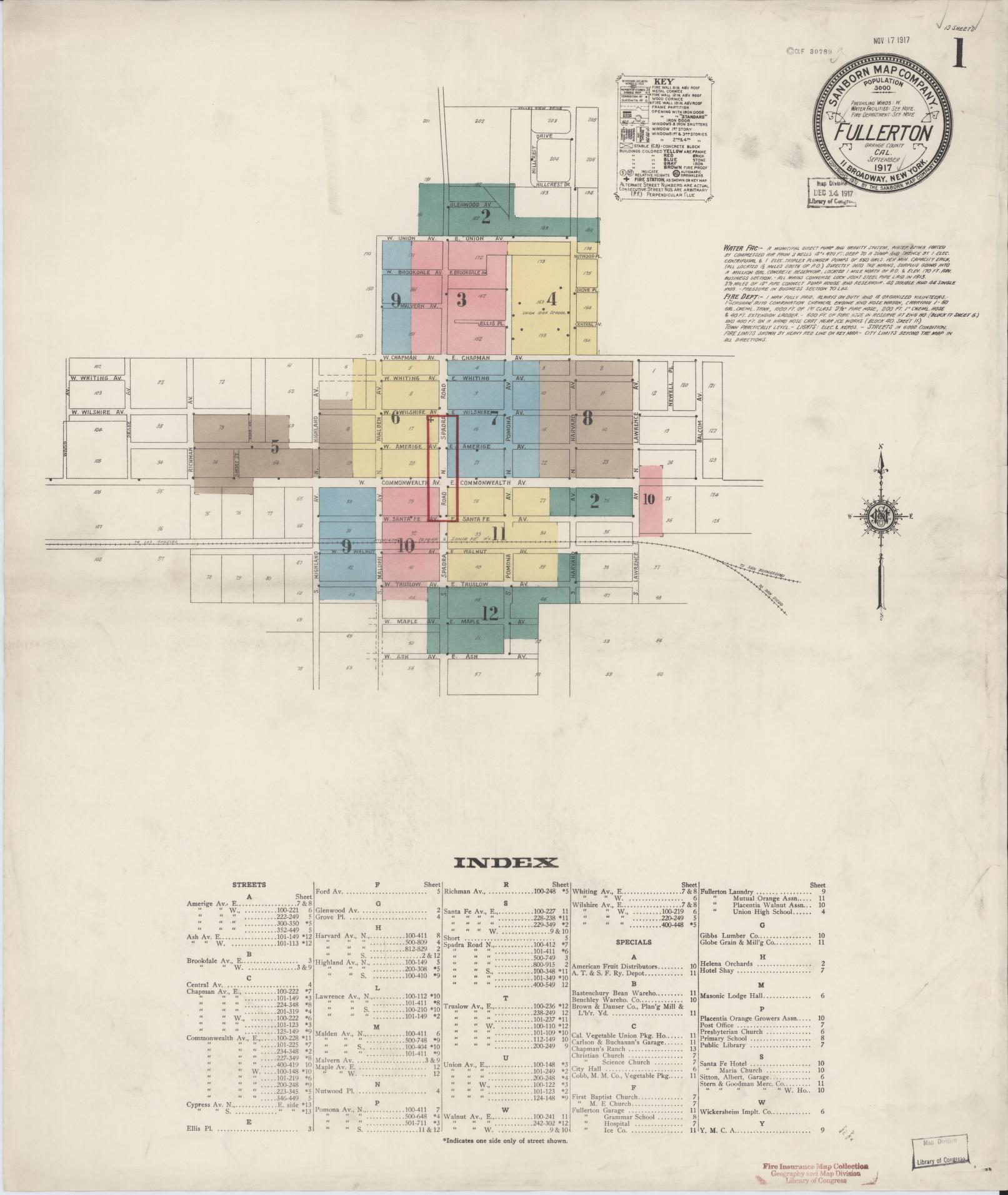 Sanborn Fire Insurance Map from Fullerton, Orange County, California (1917), Sheet #0001 - Historic Sanborn Fire Insurance Map Print, vintage old map wall art, antique decor, genealogy gift, California California map