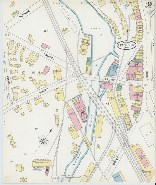 Sanborn Fire Insurance Map from Fitchburg, Worcester County, Massachusetts (1892), Sheet #0009 - Historic Sanborn Fire Insurance Map Print, vintage old map wall art, antique decor, genealogy gift, Massachusetts Massachusetts map