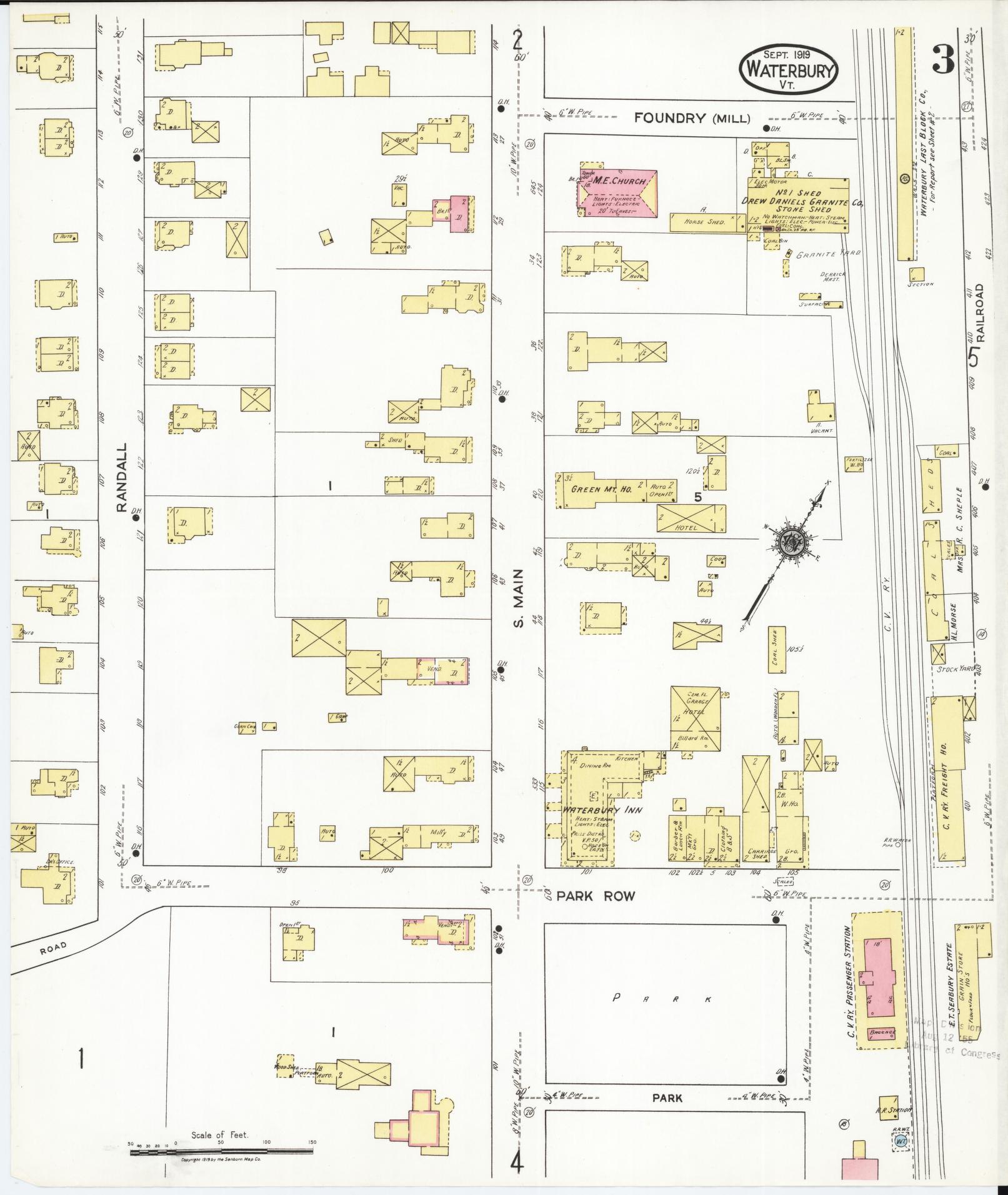 Sanborn Fire Insurance Map from Waterbury, Washington County, Vermont (1919), Sheet #0003 - Historic Sanborn Fire Insurance Map Print, vintage old map wall art, antique decor, genealogy gift, Vermont Vermont map