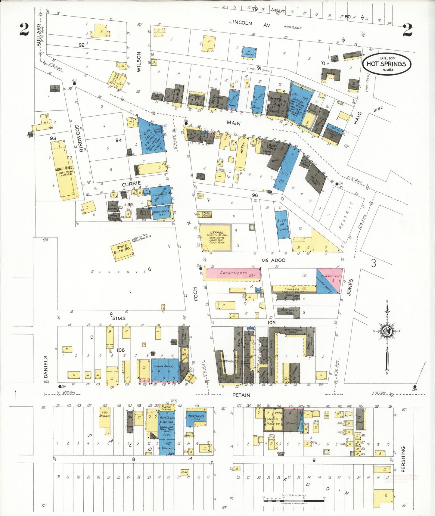 Sanborn Fire Insurance Map from Hot Springs, Sierra County, New Mexico (1930), Sheet #0002 - Complete Map Set gallery image, historic Sanborn map, vintage wall art, New Mexico New Mexico