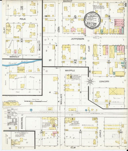 Sanborn Fire Insurance Map from Vinton, Benton County, Iowa (1892), Sheet #0001 - Historic Sanborn Fire Insurance Map Print, vintage old map wall art