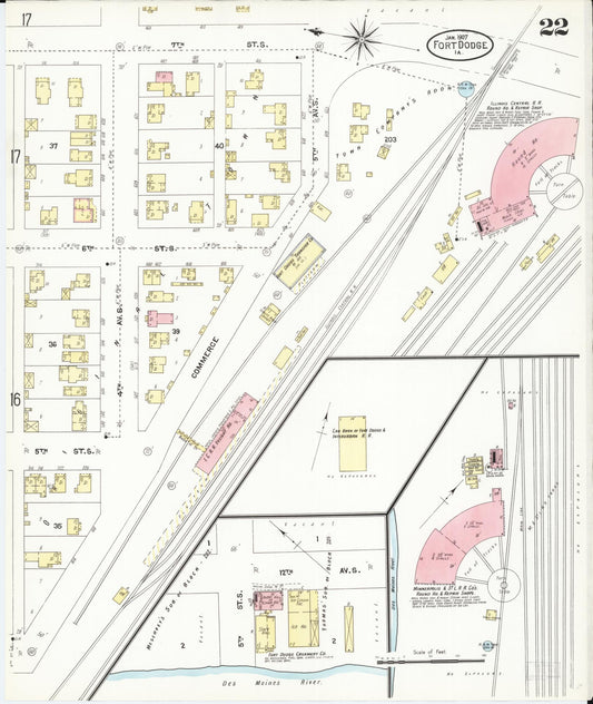 Sanborn Fire Insurance Map from Fort Dodge, Webster County, Iowa (1907), Sheet #0022 - Historic Sanborn Fire Insurance Map Print, vintage old map wall art