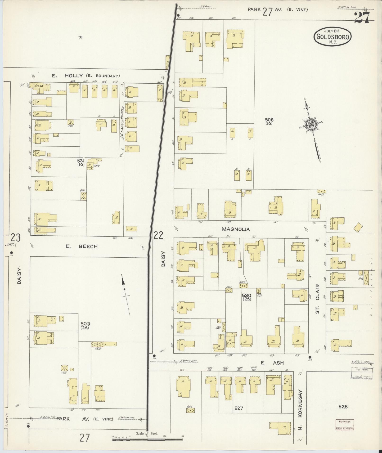 Sanborn Fire Insurance Map from Goldsboro, Wayne County, North Carolina (1913), Sheet #0027 - Complete Map Set gallery image, historic Sanborn map, vintage wall art, North Carolina North Carolina