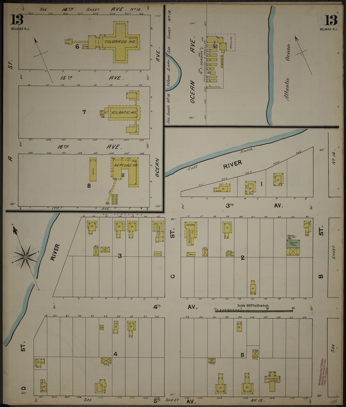 Sanborn Fire Insurance Map from New Jersey Coast, New Jersey Coast, New Jersey (1890), Sheet #0013 - Historic Sanborn Fire Insurance Map Print, vintage old map wall art, antique decor, genealogy gift, New Jersey Coast New Jersey map