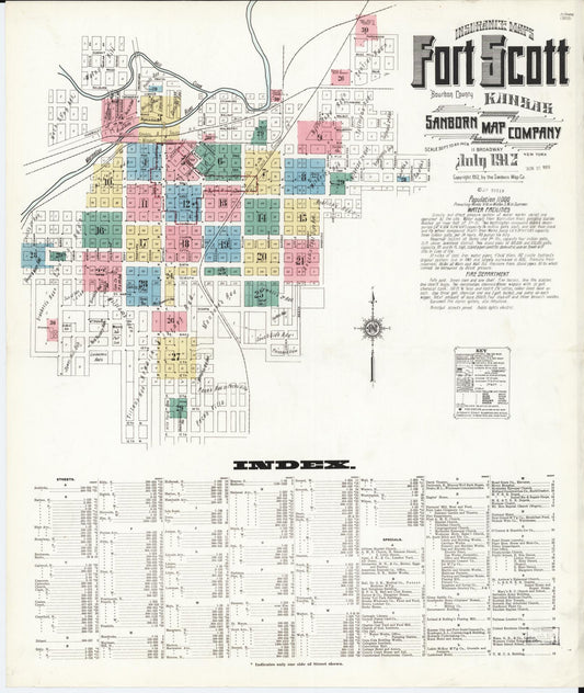 Sanborn Fire Insurance Map from Fort Scott, Bourbon County, Kansas (1912), Sheet #0001 - Historic Sanborn Fire Insurance Map Print, vintage old map wall art, antique decor, genealogy gift, Kansas Kansas map