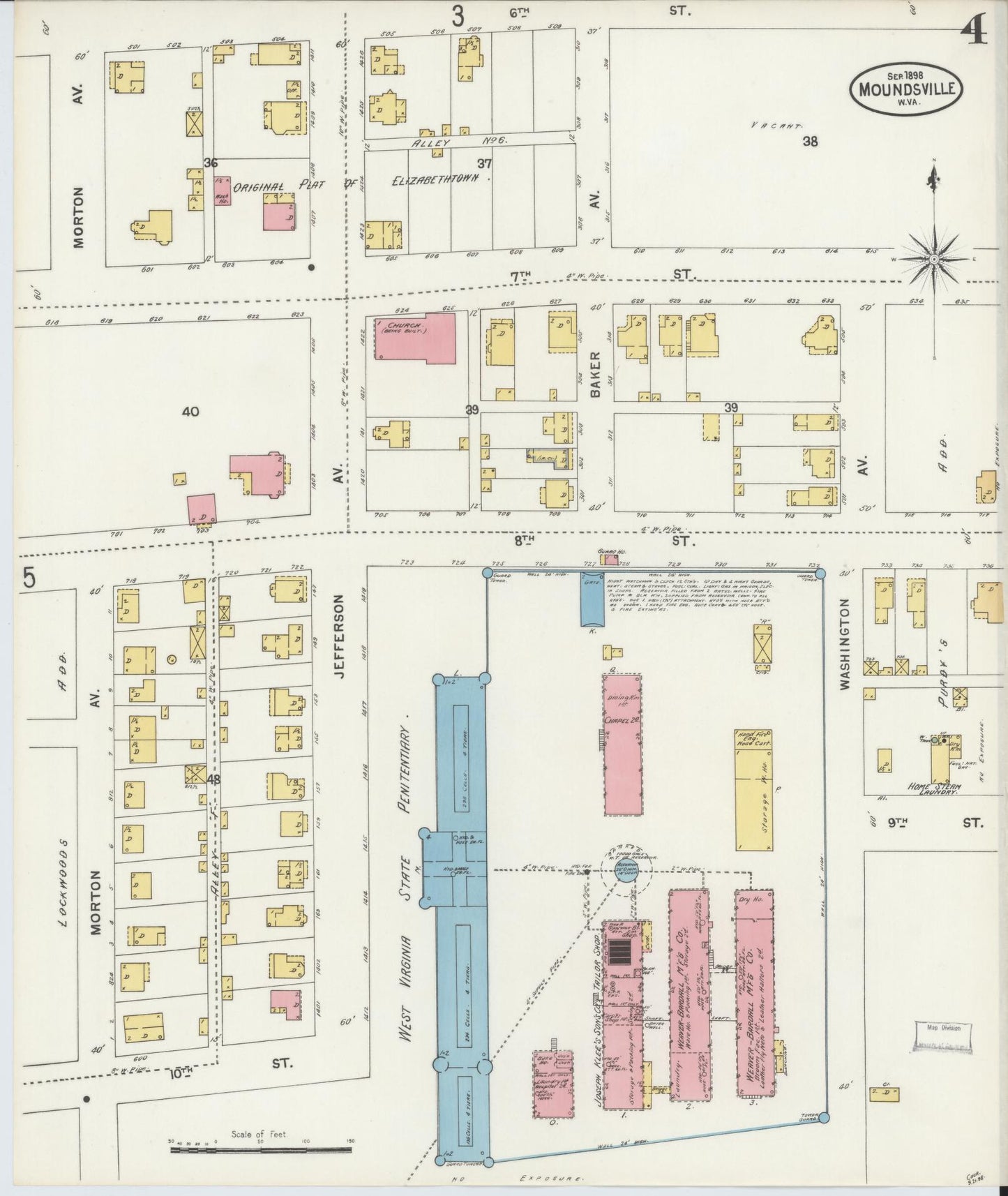 Sanborn Fire Insurance Map from Moundsville, Marshall County, West Virginia (1898), Sheet #0004 - Historic Sanborn Fire Insurance Map Print, vintage old map wall art, antique decor, genealogy gift, West Virginia West Virginia map