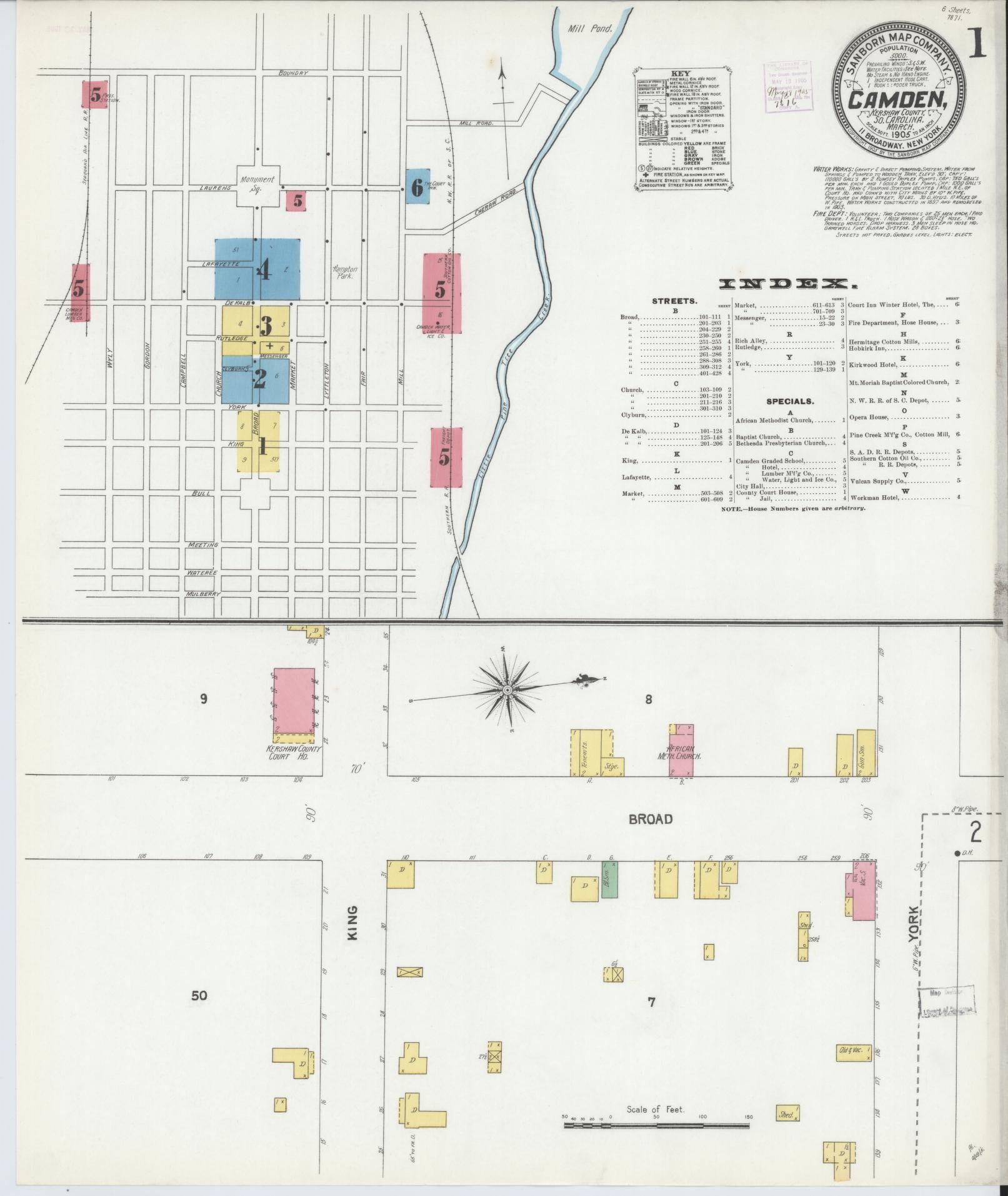 Sanborn Fire Insurance Map from Camden, Kershaw County, South Carolina (1905), Sheet #0001 - Historic Sanborn Fire Insurance Map Print, vintage old map wall art, antique decor, genealogy gift, South Carolina South Carolina map