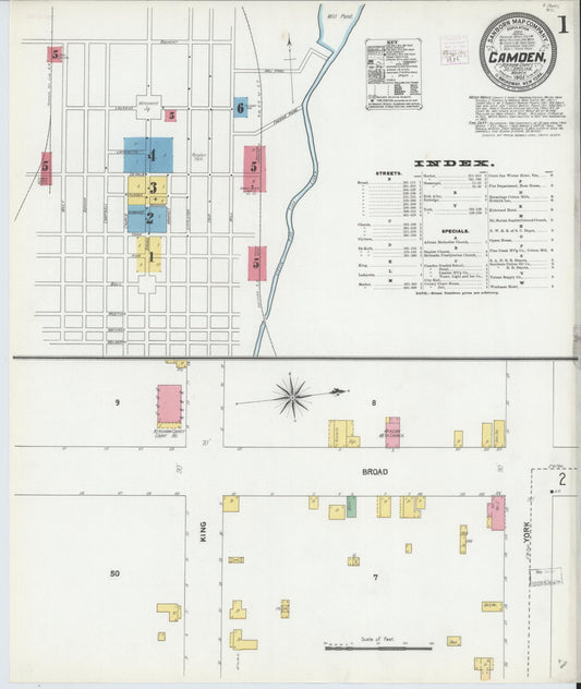 Sanborn Fire Insurance Map from Camden, Kershaw County, South Carolina (1905), Sheet #0001 - Historic Sanborn Fire Insurance Map Print, vintage old map wall art, antique decor, genealogy gift, South Carolina South Carolina map