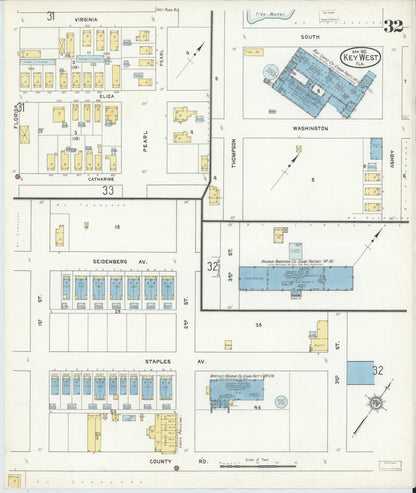 Sanborn Fire Insurance Map from Key West, Monroe County, Florida (1912), Sheet #0032 - Historic Sanborn Fire Insurance Map Print, vintage old map wall art, antique decor, genealogy gift, Florida Florida map