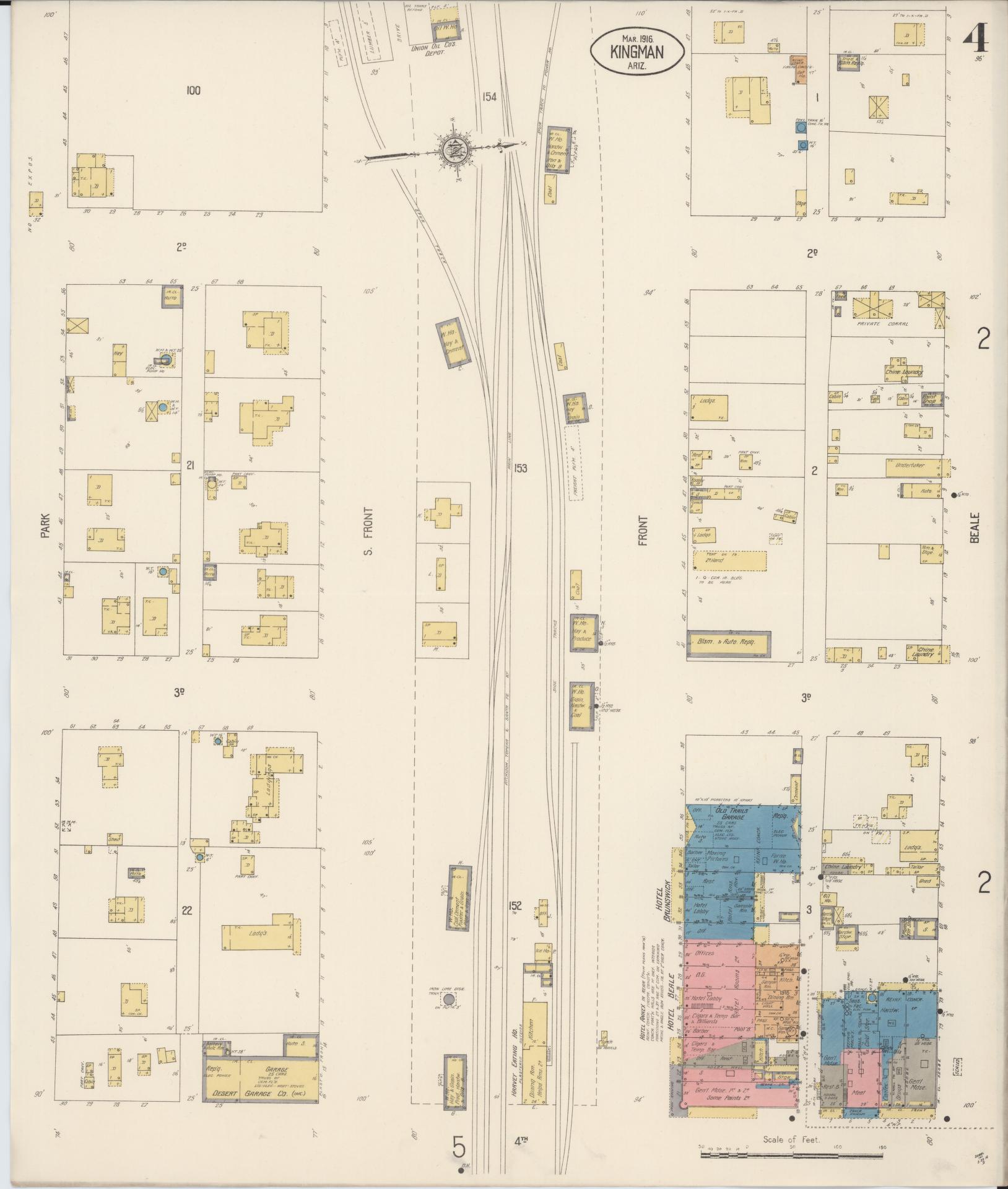 Sanborn Fire Insurance Map from Kingman, Mohave County, Arizona (1916), Sheet #0004 - Historic Sanborn Fire Insurance Map Print, vintage old map wall art, antique decor, genealogy gift, Arizona Arizona map